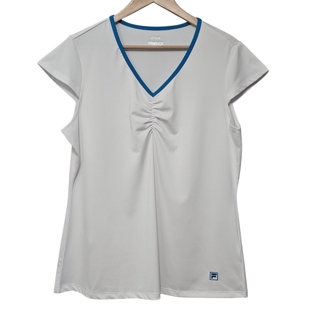 Fila Sport Top Womens XXL White Blue V-Neck Ruched Tennis Golf‎ Activewear